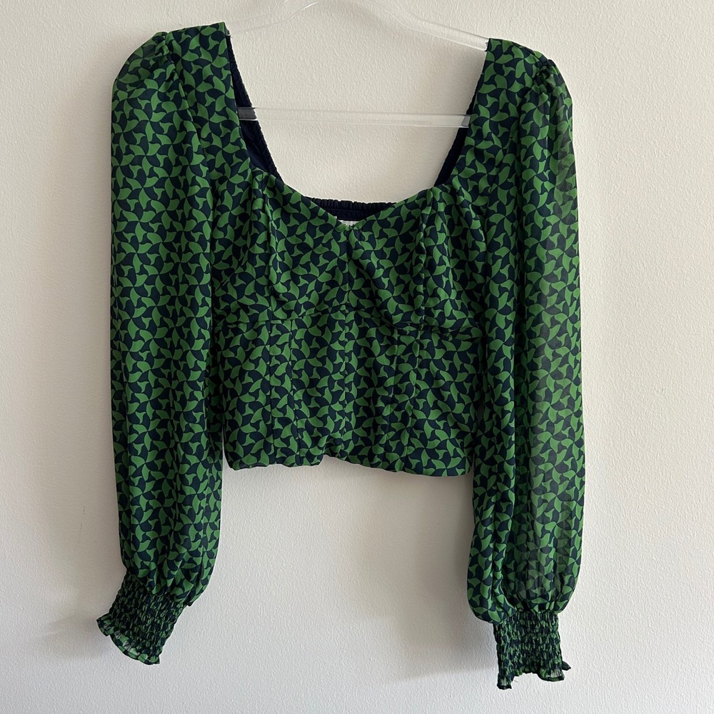 Abercrombie & Fitch Blouse Green Small Geometric Square Neck Smocked Crop Top